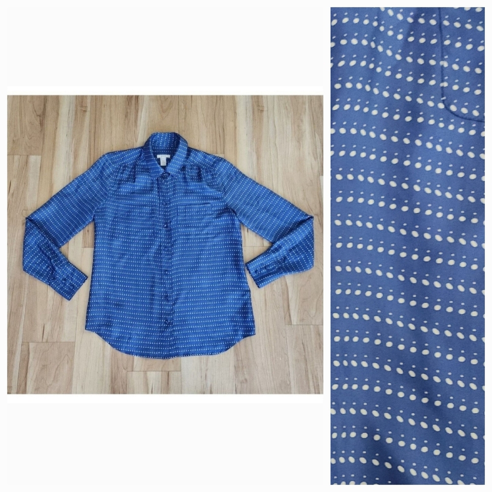 J.Crew Button Up Blouse Blue Silk Pockets size 2  Polka Dot